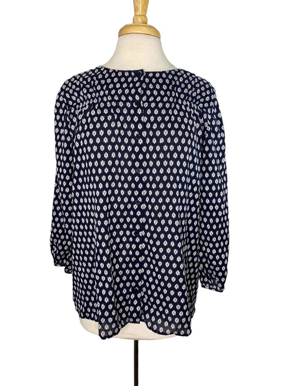 TALBOTS Blue White Geometric Embroidered Woven Cotton Button Up Blouse Medium
